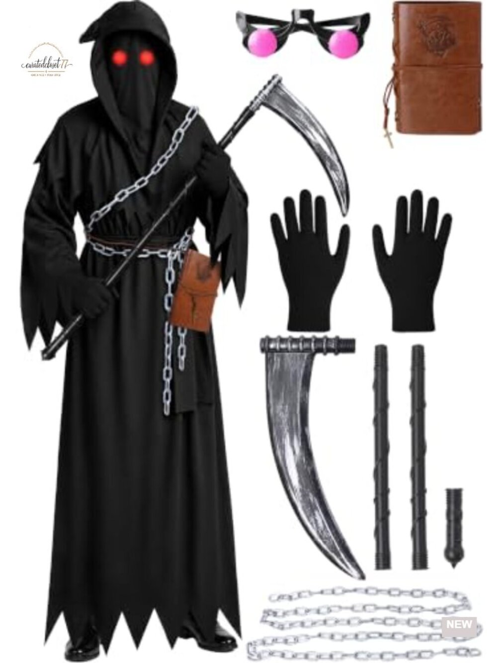 Grim Reaper Costume Adult 7 PCS Scary Halloween Men Polyester
